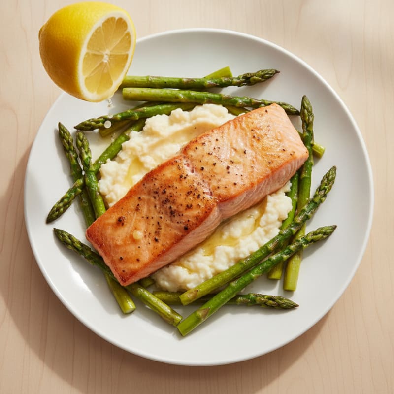 Seared Salmon Fillet with Roasted Asparagus and Cauliflower Mash