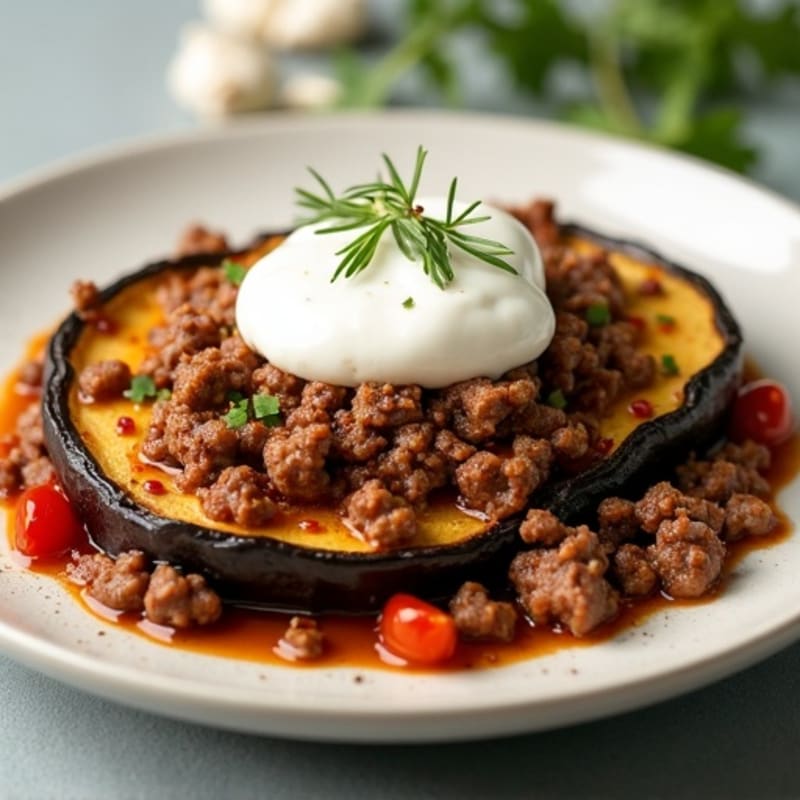Lean Ground Lamb and Baked Eggplant with Creamy Topping