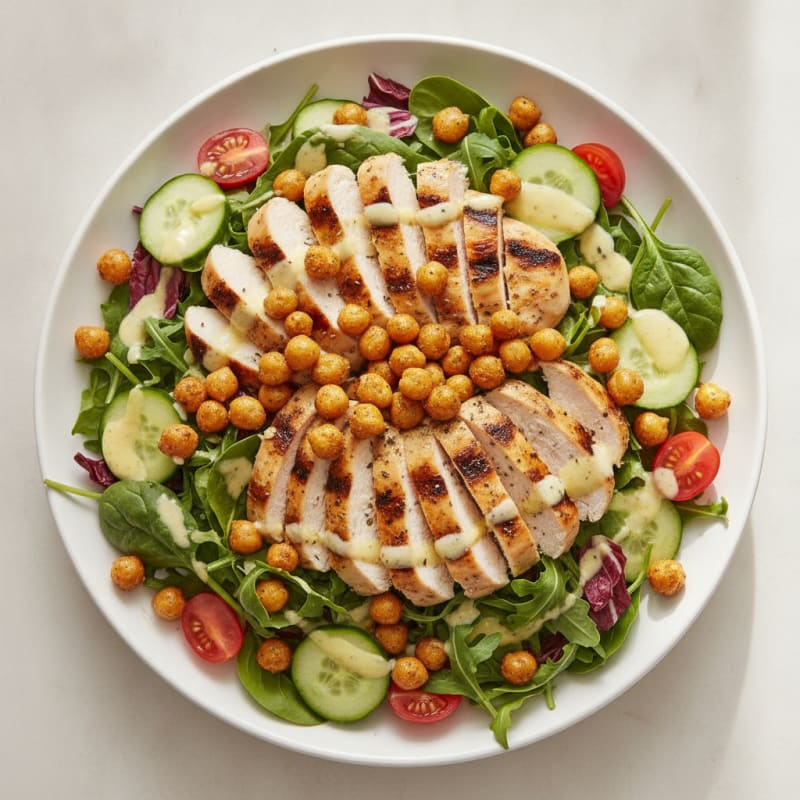 Grilled Chicken Salad with Crispy Chickpeas and Lemon Vinaigrette