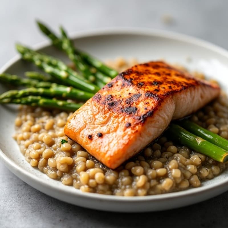 Seared Salmon Fillet with Steamed Asparagus and Lentil Mash