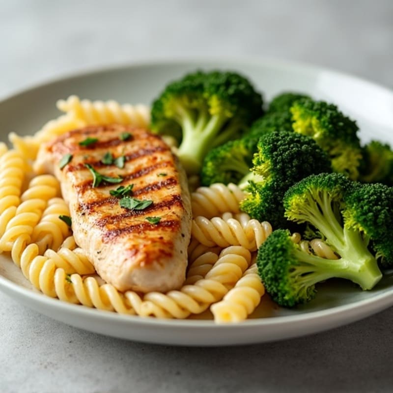 Grilled Chicken Breast with Chickpea Pasta and Roasted Broccoli