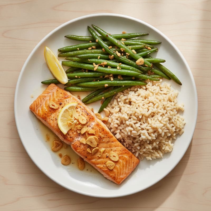 Seared Salmon with Garlic Green Beans and Brown Rice