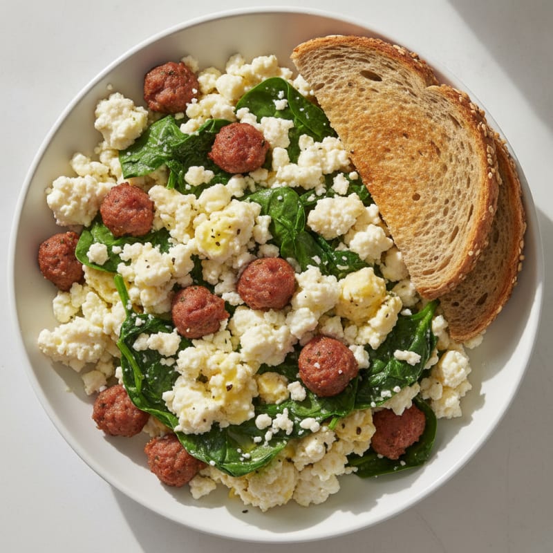 Cottage Cheese Scramble with Spinach and Turkey Sausage