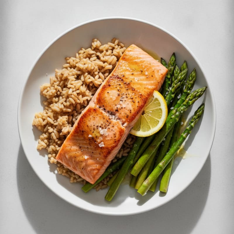 Seared Salmon with Steamed Asparagus and Brown Rice