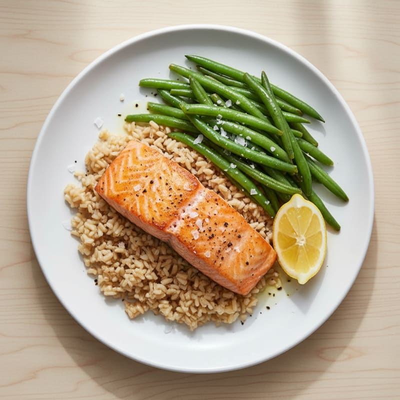 Seared Salmon Fillet with Steamed Green Beans and Brown Rice