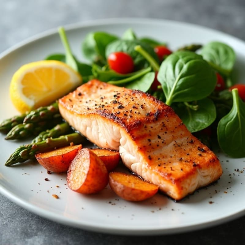 Seared Salmon with Roasted Sweet Potatoes and Asparagus
