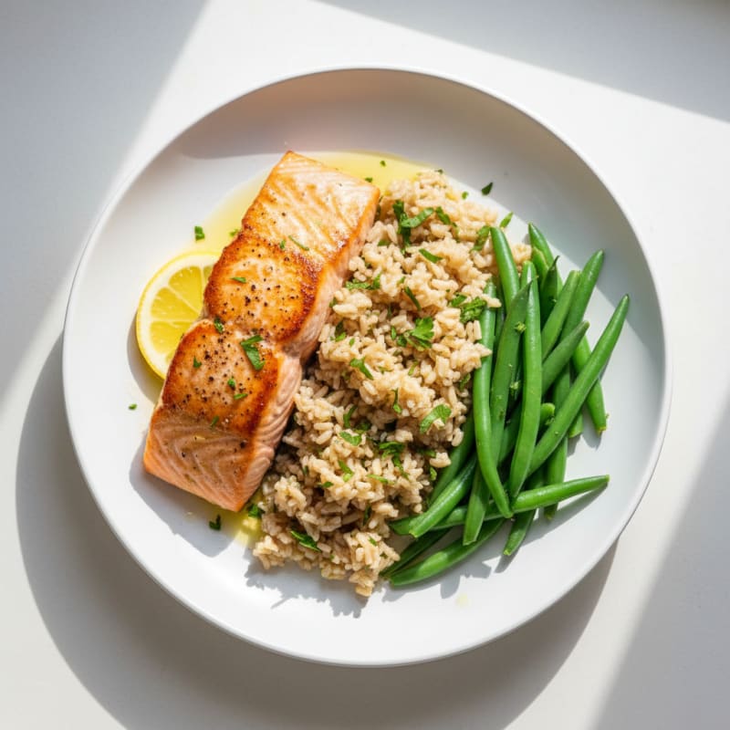 Seared Salmon with Steamed Green Beans and Herb Brown Rice