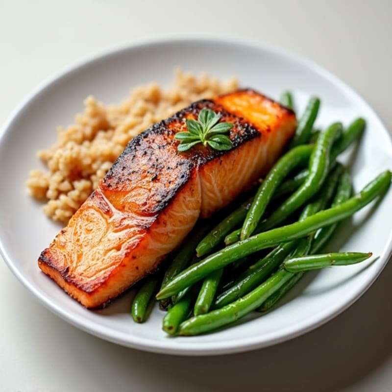 Seared Salmon with Garlic Green Beans and Steamed Brown Rice