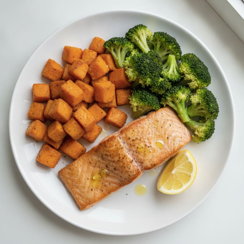 Seared Salmon with Steamed Broccoli and Roasted Sweet Potato