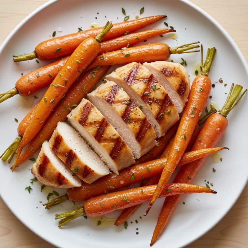 Caramelized Maple-Glazed Roasted Carrots with Pan-Seared Chicken