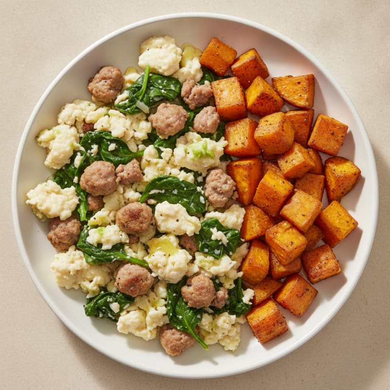 Egg White and Turkey Sausage Scramble with Spinach and Roasted Sweet Potatoes