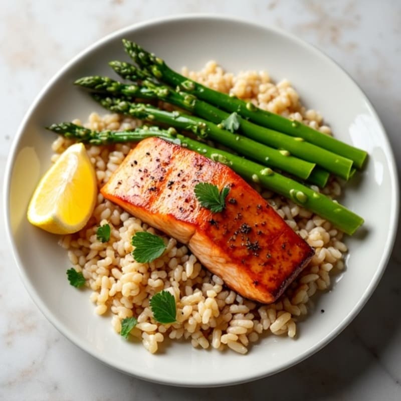 Seared Salmon with Steamed Asparagus and Brown Rice