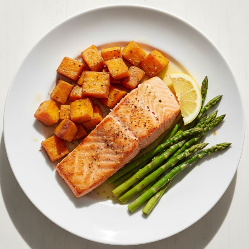 Seared Salmon with Roasted Sweet Potato and Asparagus