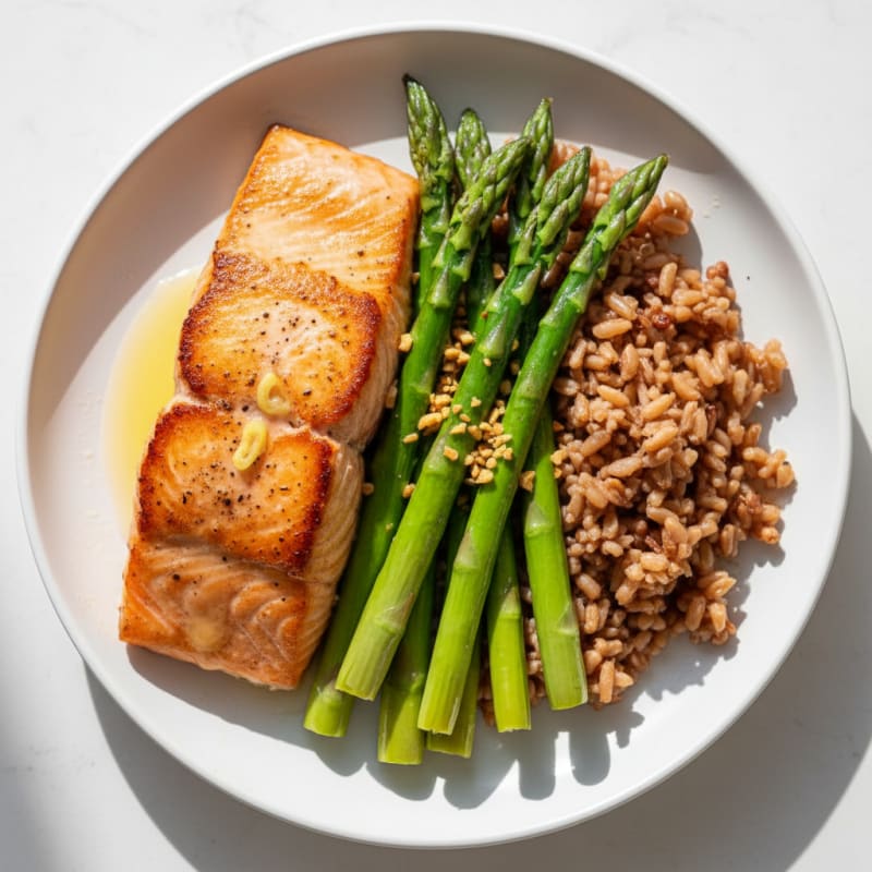 Seared Salmon with Steamed Asparagus and Brown Rice