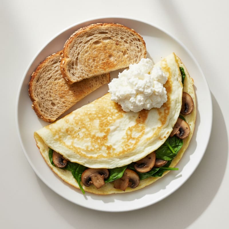 Egg White Spinach Omelette with Cottage Cheese and Sautéed Mushrooms