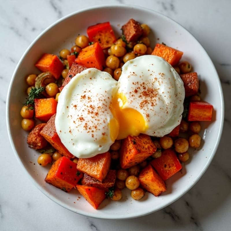 Crispy Sweet Potato and Bell Pepper Hash with Poached Eggs
