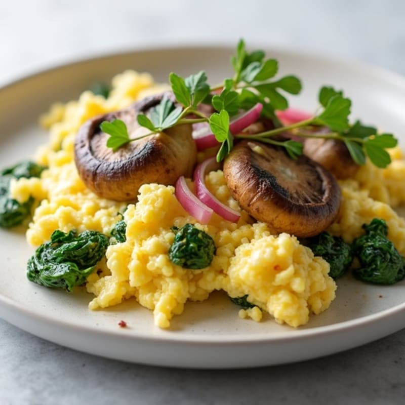 Cottage Cheese and Spinach Egg White Scramble with Sautéed Mushrooms