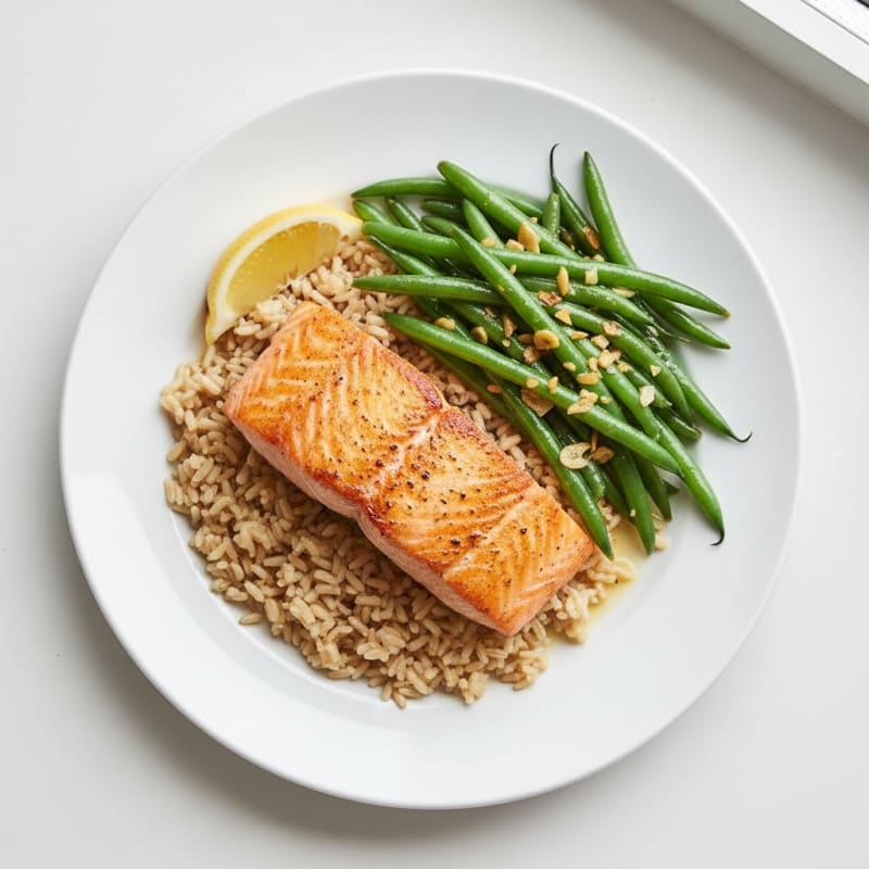 Seared Salmon with Garlic Green Beans and Brown Rice