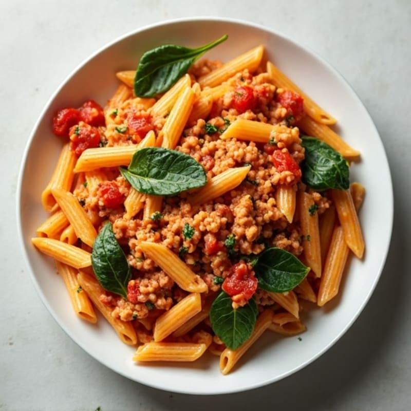 Lean Ground Turkey Pasta with Creamy Tomato Sauce and Spinach