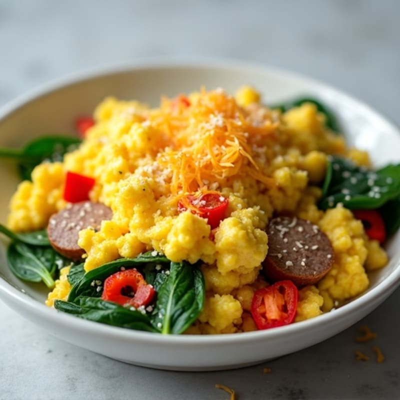Fluffy Egg Scramble with Spinach and Lean Turkey Sausage