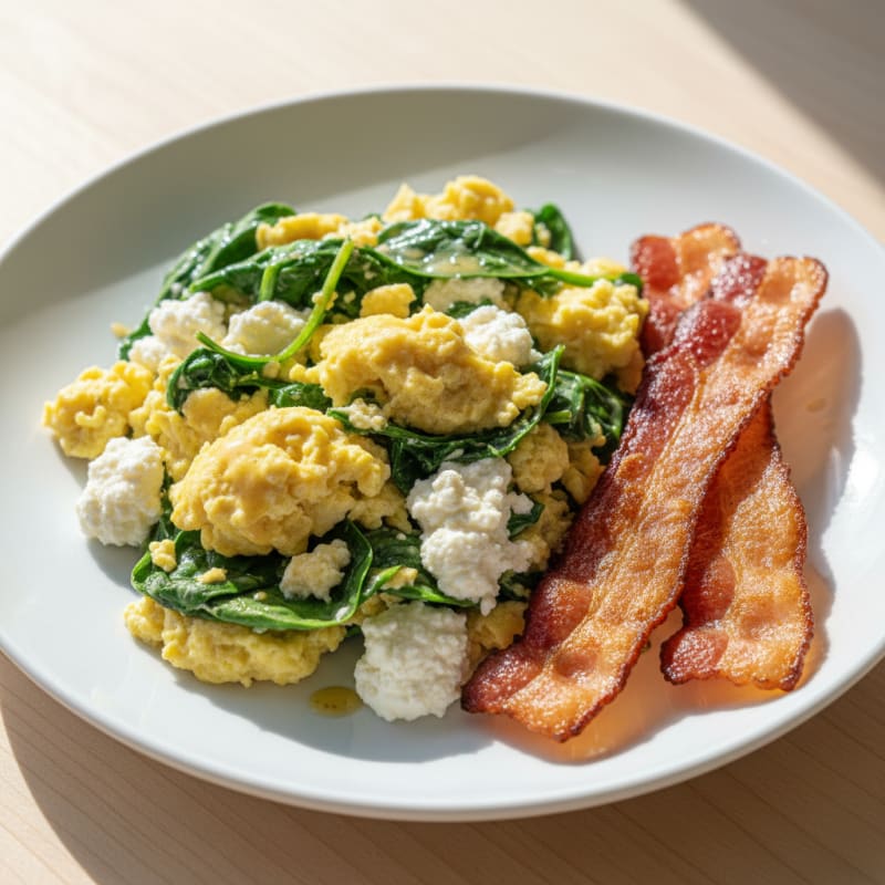 Cottage Cheese Egg Scramble with Spinach and Turkey Bacon