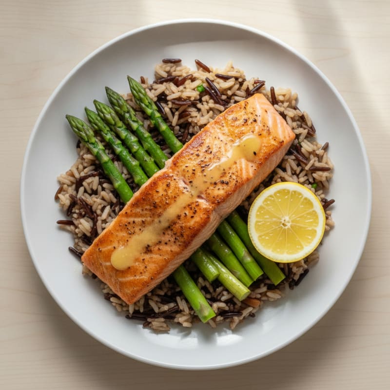 Seared Salmon with Steamed Asparagus and Wild Rice