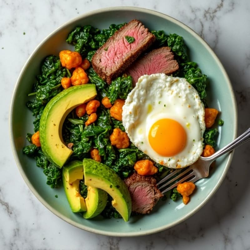 Egg White and Steak Scramble with Sautéed Spinach