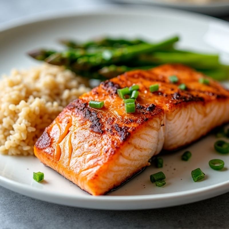 Seared Salmon with Steamed Asparagus and Brown Rice