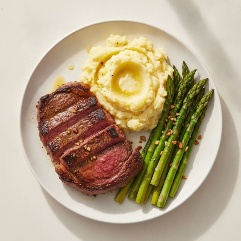 Seared Steak with Garlic Asparagus and Mashed Potatoes