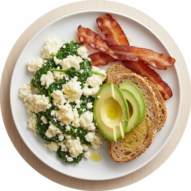 Egg White and Cottage Cheese Scramble with Spinach and Turkey Bacon