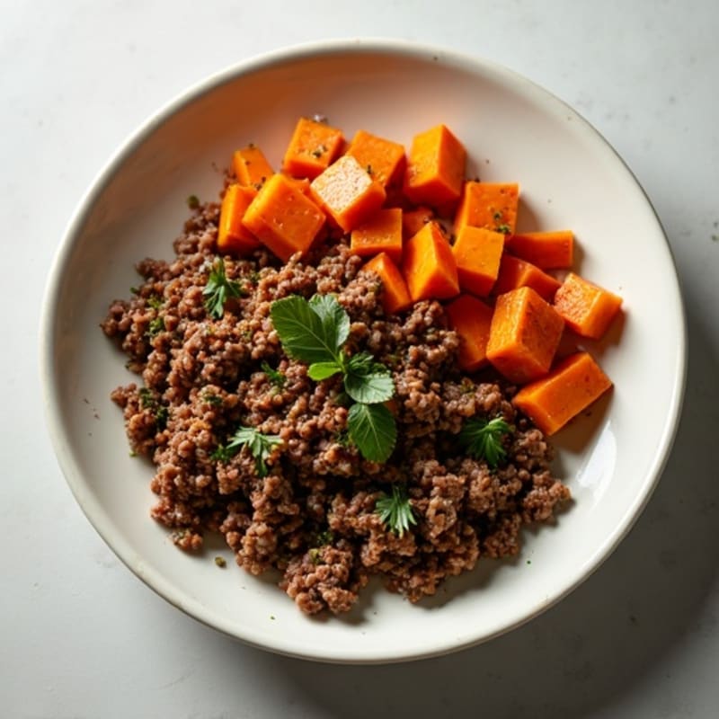 Herb-Seasoned Skillet Ground Beef with Roasted Sweet Potatoes