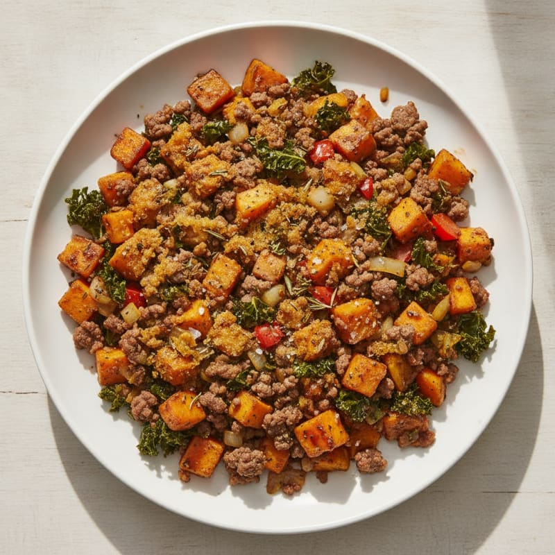 Garlic Herb Beef and Sweet Potato Hash
