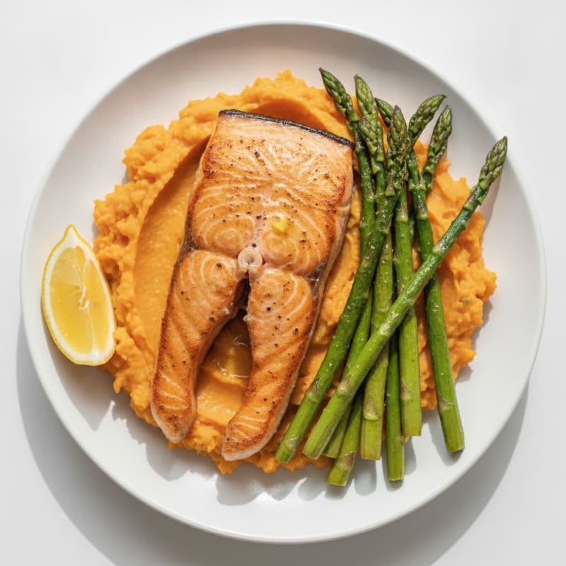 Seared Salmon with Roasted Asparagus and Sweet Potato Mash