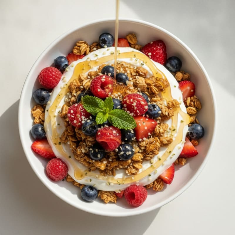 Silky Greek Yogurt Parfait with Protein Granola and Mixed Berries