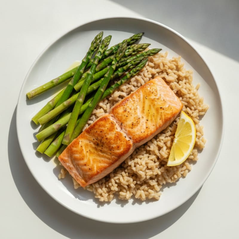 Seared Salmon with Steamed Asparagus and Brown Rice