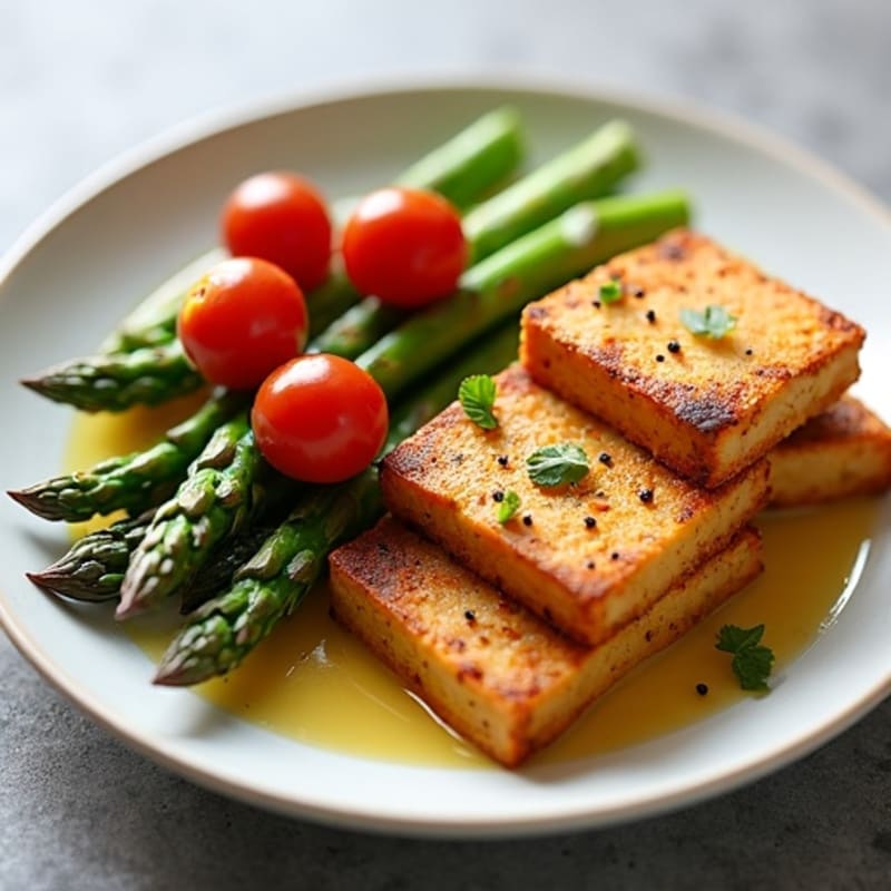 Crispy Baked Tofu with Roasted Asparagus and Cherry Tomatoes