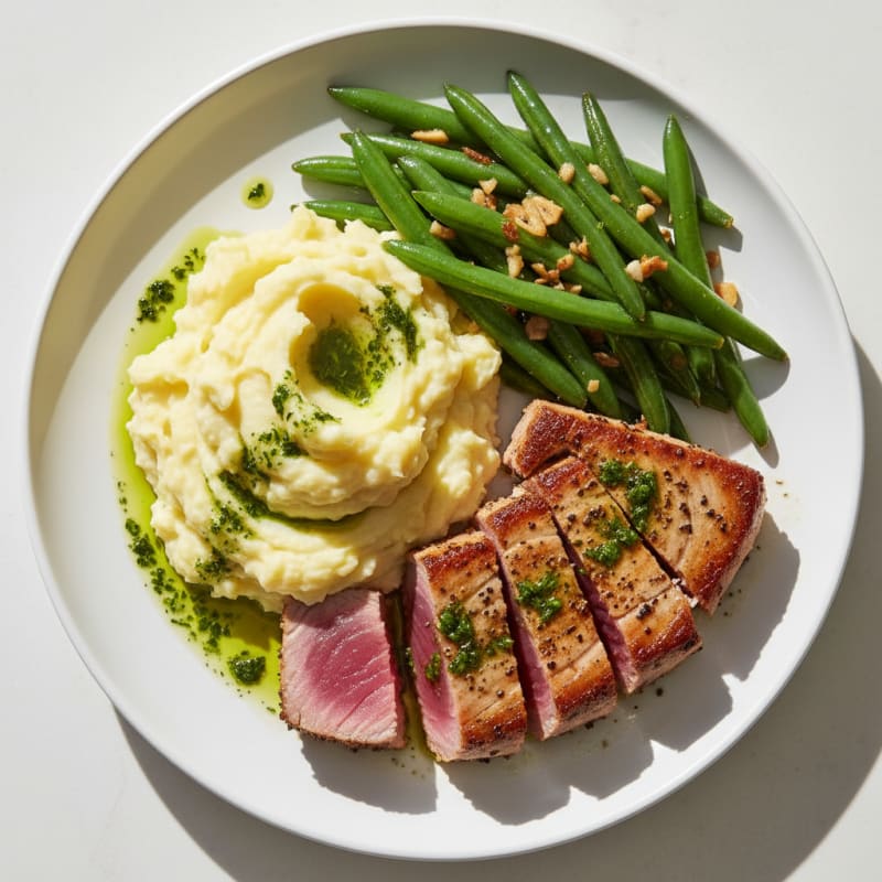 Seared Tuna Steak with Herb Mashed Potatoes and Garlic Green Beans