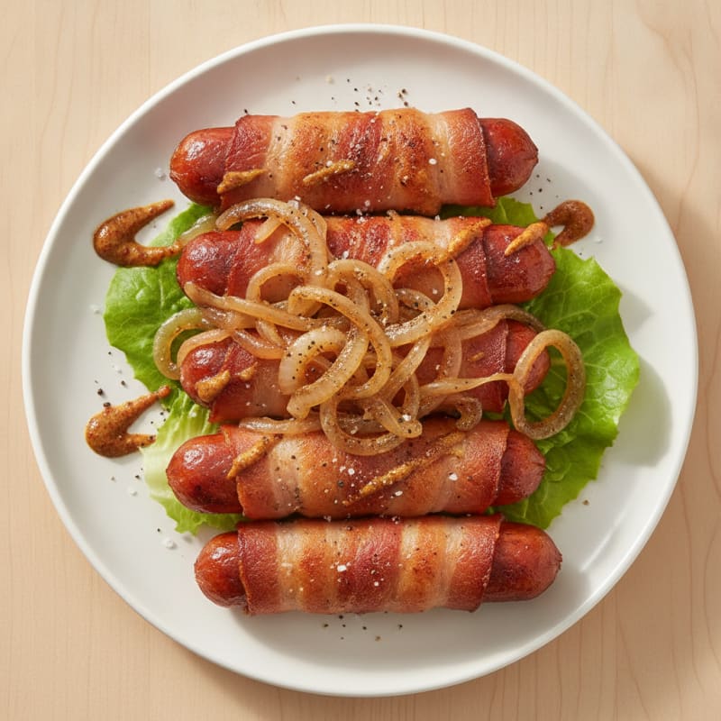 Bacon-Wrapped Hot Dogs with Caramelized Onions