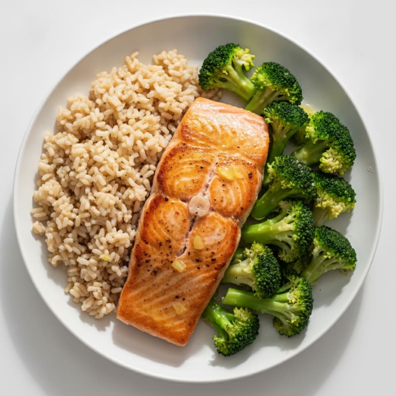 Seared Salmon with Steamed Broccoli and Brown Rice
