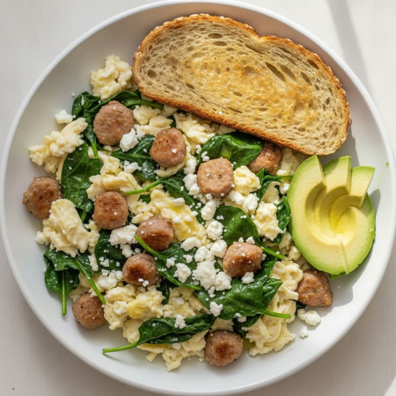 Egg White and Turkey Sausage Scramble with Spinach and Feta