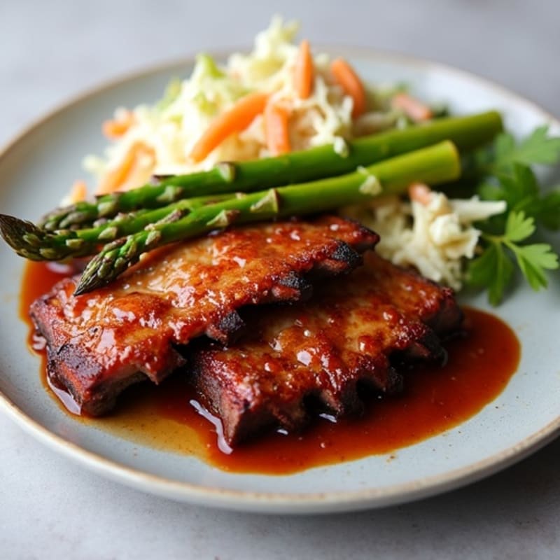 Tender Smoked Pork Ribs with Sugar-Free BBQ Glaze, Roasted Asparagus, and Creamy Coleslaw