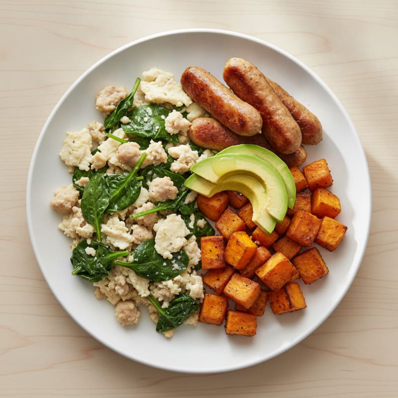 Egg White and Spinach Scramble with Turkey Sausage