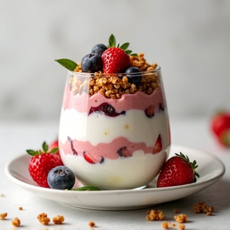 Greek Yogurt Parfait with Crunchy Almond Granola and Mixed Berries