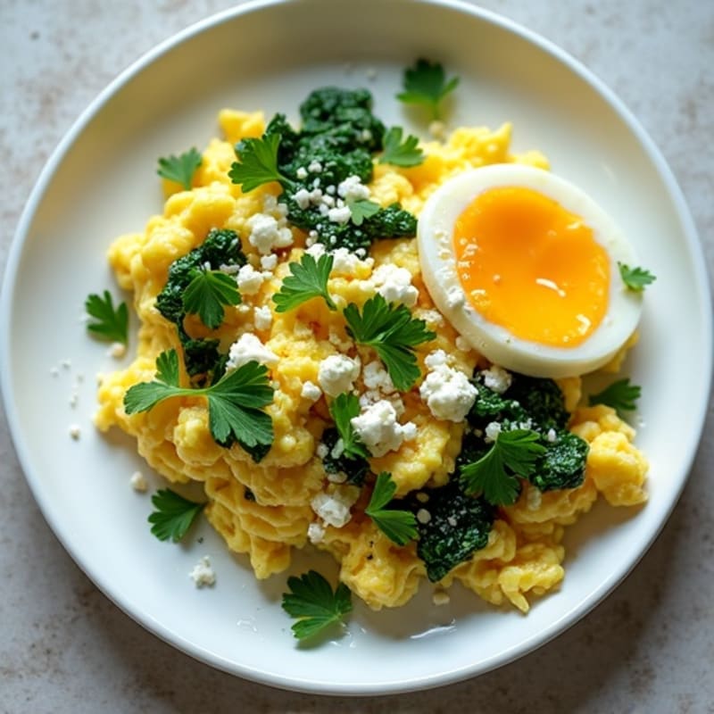 Fluffy Scrambled Eggs with Sautéed Greens and Fresh Herbs