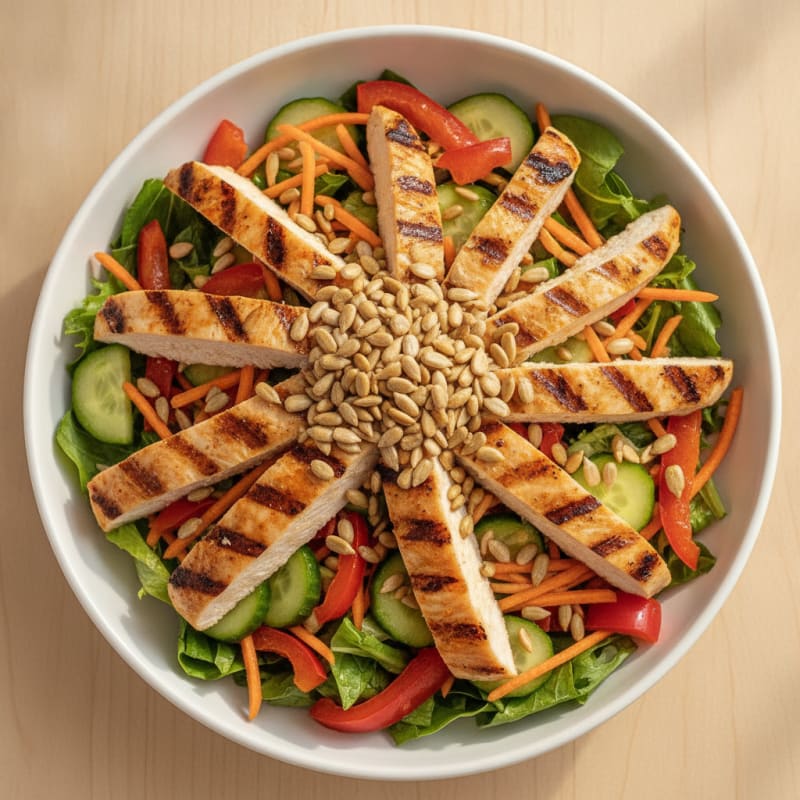 Grilled Chicken and Crunchy Veggie Salad with Sunflower Seeds
