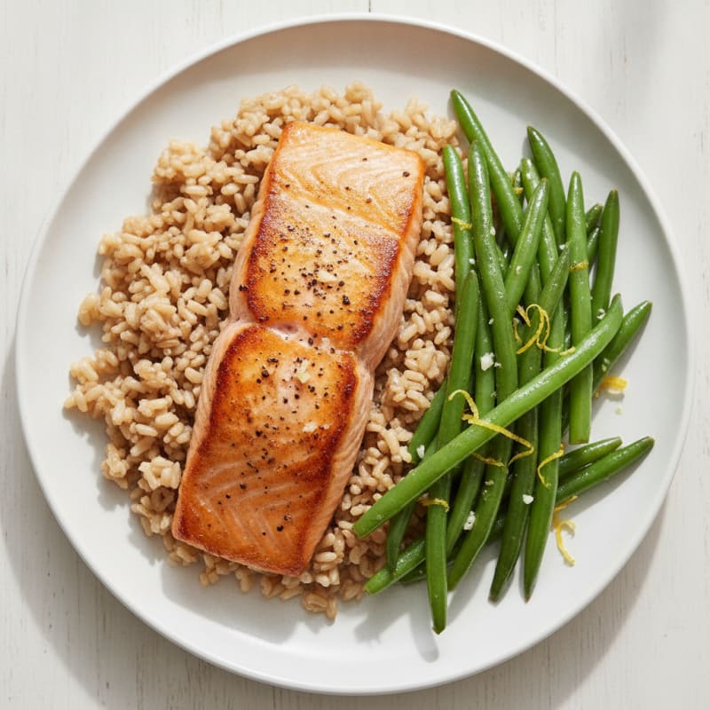 Seared Salmon Fillet with Lemon-Garlic Green Beans and Brown Rice