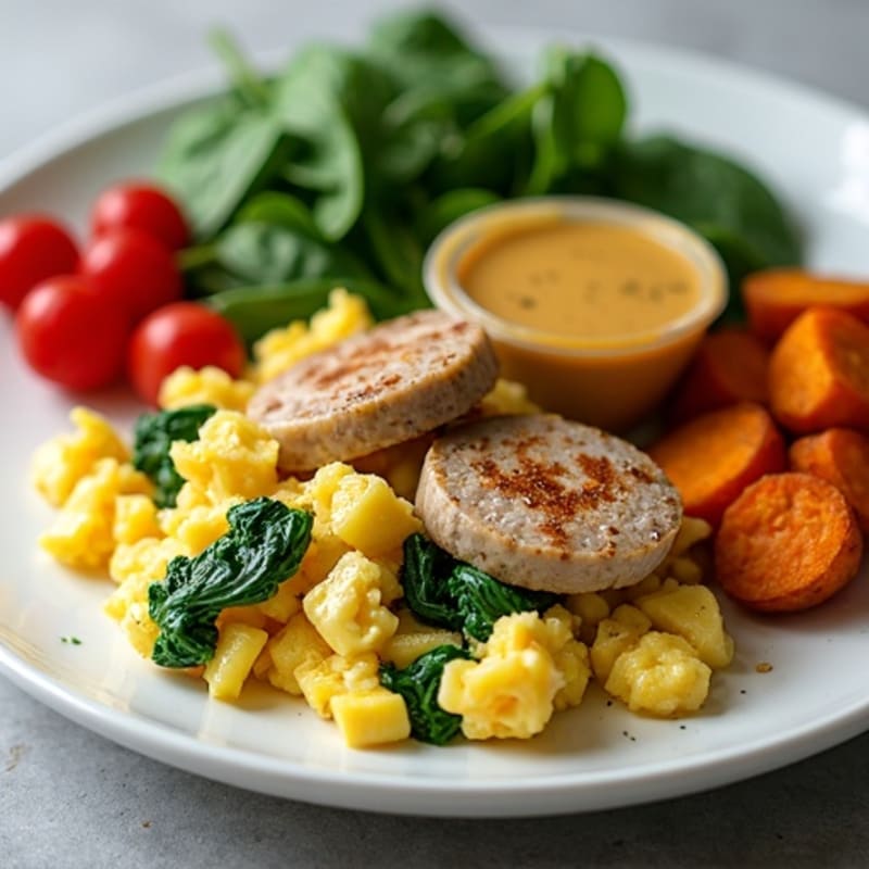 Egg White and Chicken Sausage Scramble with Spinach and Roasted Sweet Potatoes