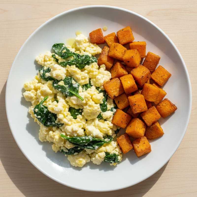 Cottage Cheese Scramble with Spinach and Roasted Sweet Potato