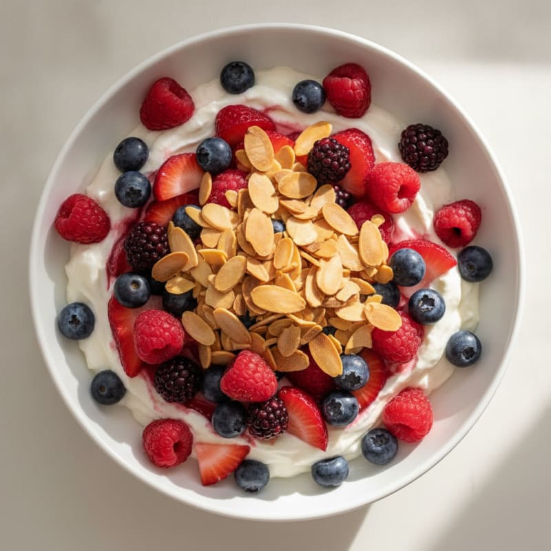 Greek Yogurt Protein Parfait with Mixed Berries and Almonds