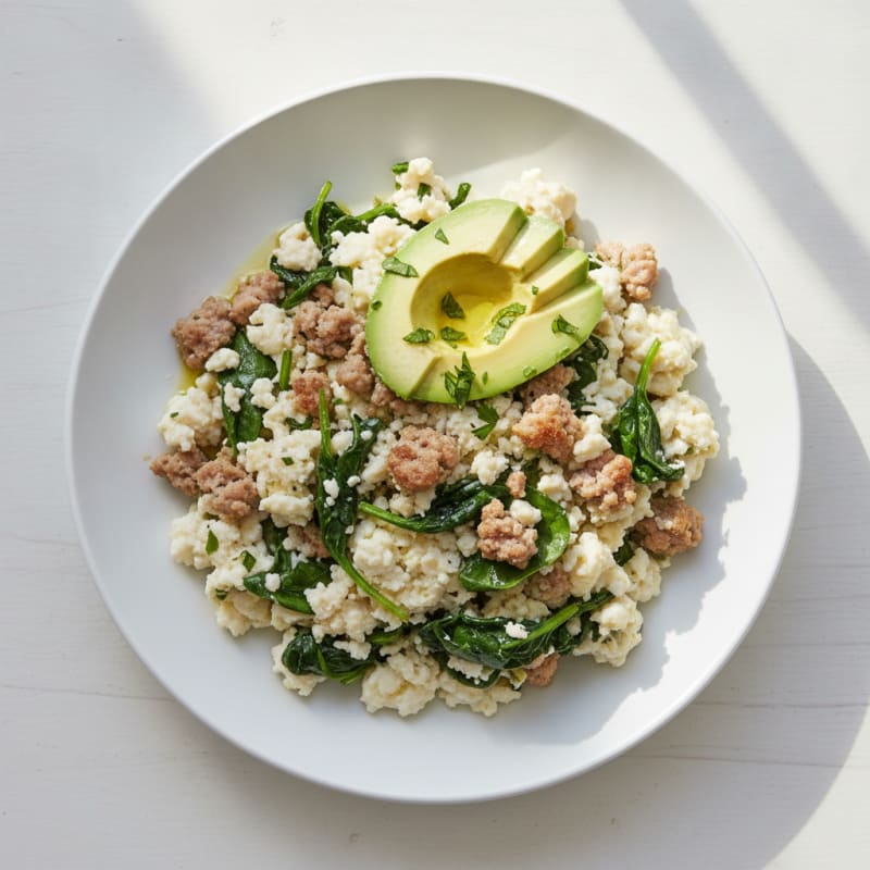 Egg White Scramble with Turkey Sausage and Sautéed Spinach